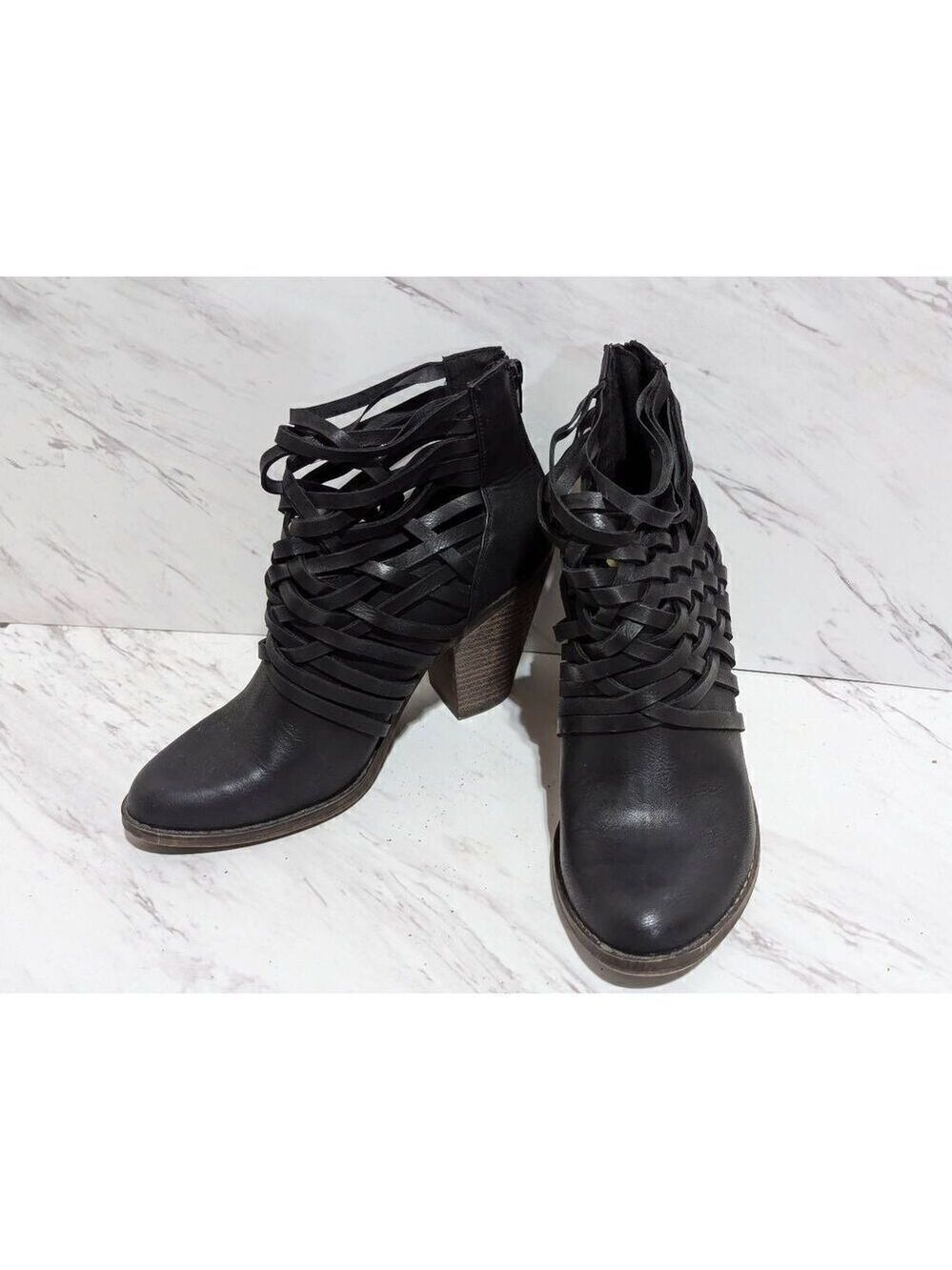 Fergalicious by Fergie Women's Black Woven Faux Leather Heeled Bootie Size 8.5